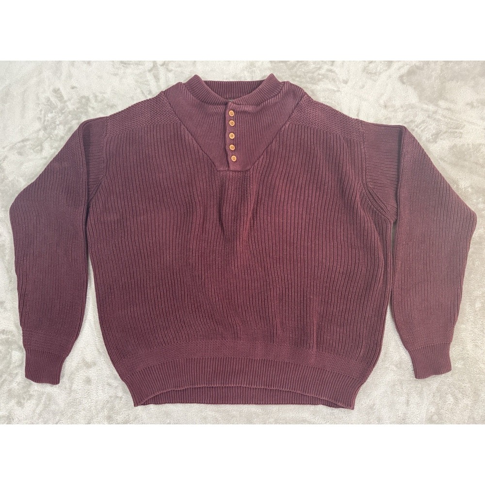 Cabelas Sweater Mens XL Burgundy Henley Chunky Thick Fisherman Hunting Stretched